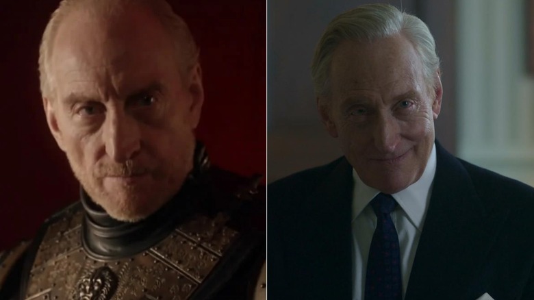 Charles Dance as Tywin Lannister in armor on Game of Thrones and as Lord Mountbatten on The Crown