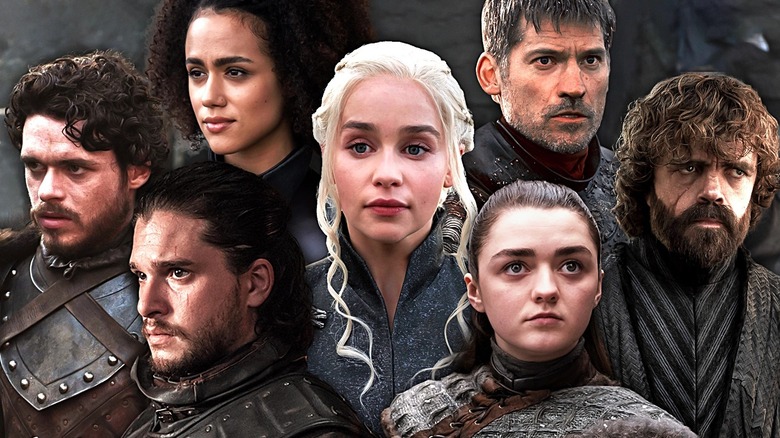 Richard Madden as Robb Stark, Kit Harington as Jon Snow, Nathalie Emmanuel as Missandei, Emilia Clarke as Daenerys, Maisie Williams as Arya, Nikolaj Coster-Waldau as Jaime, and Peter Dinklage as Tyrion in Game of Thrones
