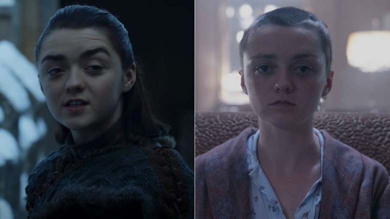 Maisie Williams as Arya on Game of Thrones and as Catherine Dior with a shaved head on The New Look