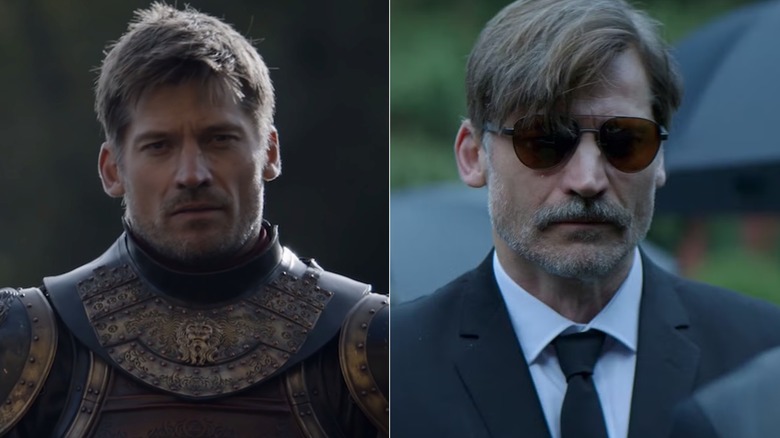 Nikolaj Coster-Waldau as Jaime on Game of Thrones and as Bob wearing sunglasses in God is a Bullet