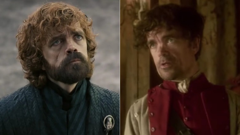 Peter Dinklage as Tyrion looking up in Game of Thrones and as Cyrano in Cyrano