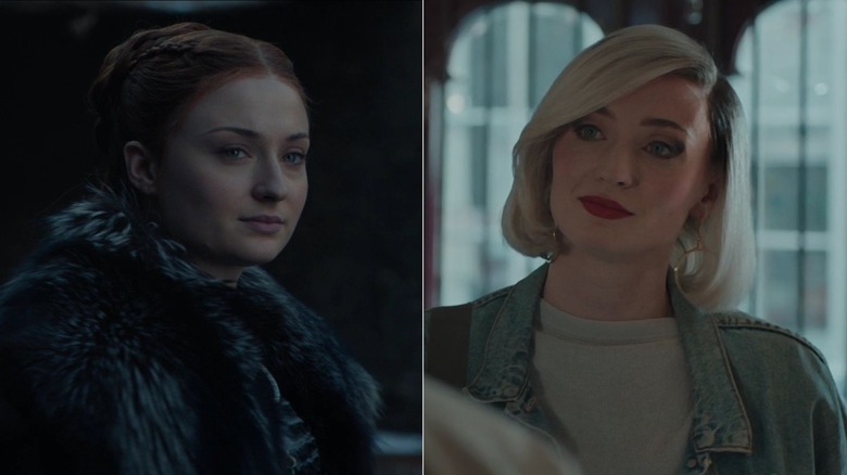 Sophie Turner as Sansa wearing fur on Game of Thrones and as Joan on Joan