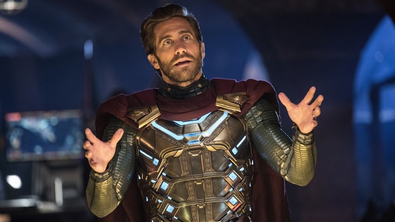 Jake Gyllenhaal wearing hard-shelled suit and red cap as Mysterio in Spider-Man: Far From Home