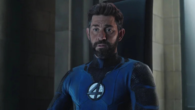 Bearded John Krasinski as Reed Richards, wearing blue Fantastic Four suit in Doctor Strange in the Multiverse of Madness