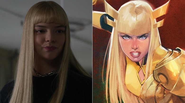 Anya Taylor-Joy as Illyana smiling in The New Mutants; Magik swinging a sword in golden armor in an X-Men comic cover