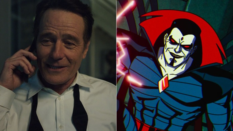 Bryan Cranston as Vince smiling on the phone in Sneaky Pete; Mister Sinister smiling in X-Men 97