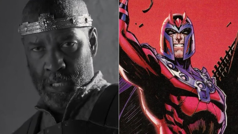 Denzel Washington as Macbeth looking solemn in The Tragedy of Macbeth; Magneto lifting his arm up in an X-Men comic cover