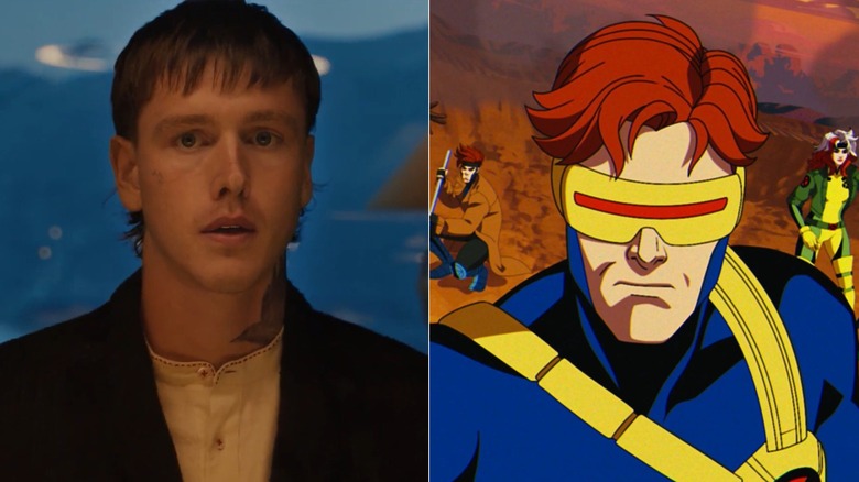 Harris Dickinson as Bill in A Murder at the End of the World; Cyclops in front of Gambit and Rogue in X-Men '97