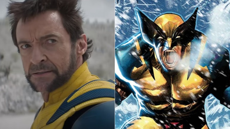 Hugh Jackman as Logan in his yellow costume in Deadpool & Wolverine; a masked Wolverine screaming in the snow in a Marvel Comics cover