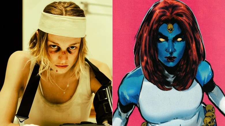Hunter Schafer as Gretchen in a cast and bandages in Cuckoo; Mystique staring up in an X-Men comic
