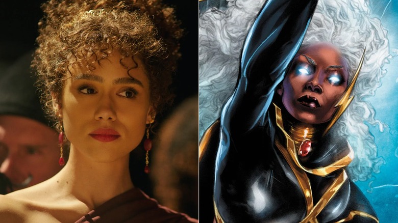 Nathalie Emmanuel as Julia in Megalopolis; Ororo Munroe flying in a Storm comic cover