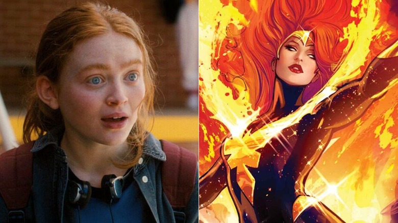 Sadie Sink wearing headphones as Max in Stranger Things; Jean Grey surrounded by flames in a Phoenix comic cover
