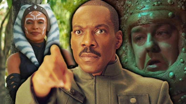 Rosario Dawson as Ahsoka, Eddie Murphy as Dave in Meet Dave, and Ricky Gervais as a space slug in Doctor Who on Extras in a composite image