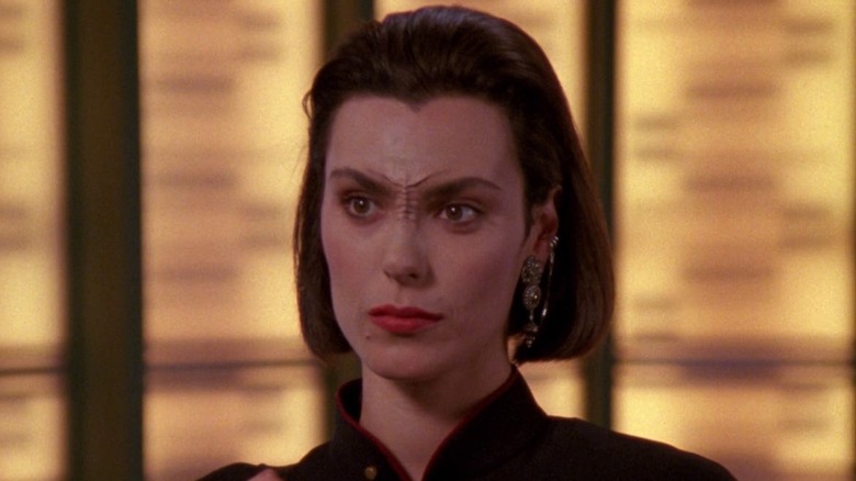 Michelle Forbes as Ro Laren, appearing concerned in Star Trek: The Next Generation.