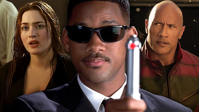 Composite image of Kate Winslet as Rose DeWitt Bukater looking wet and talking in Titanic, Will Smith as Agent J using a neuralyzer in Men in Black, and Dwayne Johnson as Cal Drift staring intensely in Red One