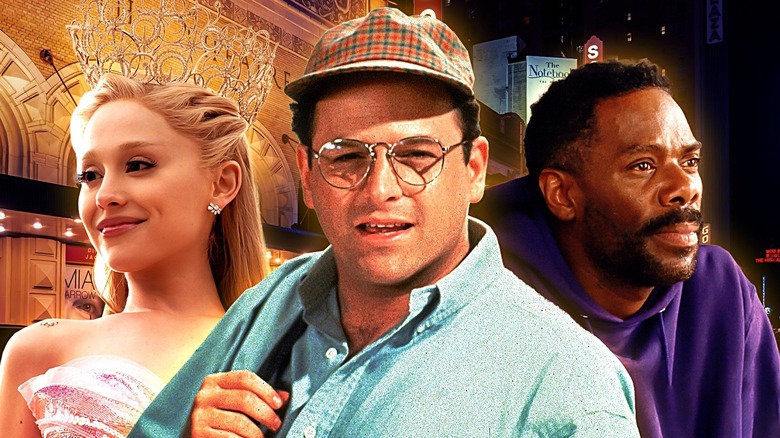 Jason Alexander as George Costanza with a checkered hat flanked by Ariana Grande as Glinda wearing a tiara and Colman Domingo as Divine in Sing Sing against a backdrop of a Broadway theater
