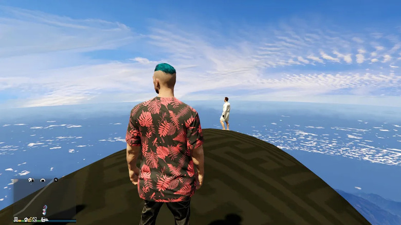 Two Grand Theft Auto Online players look out toward the sky in Grand Theft Hamlet (2024)