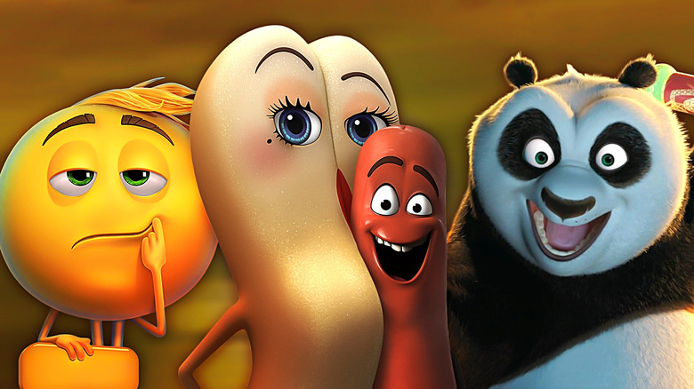 Gene Meh (T.J. Miller) from The Emoji Movie (2017), Brenda (Kristen Wiig) and Frank (Seth Rogen) from Sausage Party (2016), and Po (Jack Black) from Kung Fu Panda (2008)