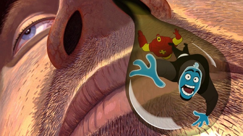 Osmosis Jones (Chris Rock) and Drix (David Hyde Pierce) get dripped out of Frank's nose in a snot bubble in Osmosis Jones (2001)