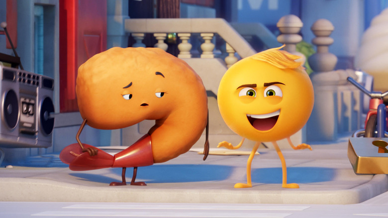 Gene Meh (T.J. Miller) talks to a shrimp in The Emoji Movie (2017)
