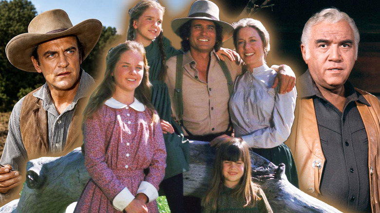 The cast of Little House on the Prairie (1974) surrounded by James Arness in Gunsmoke and Lorne Greene in Bonanza in a composite image