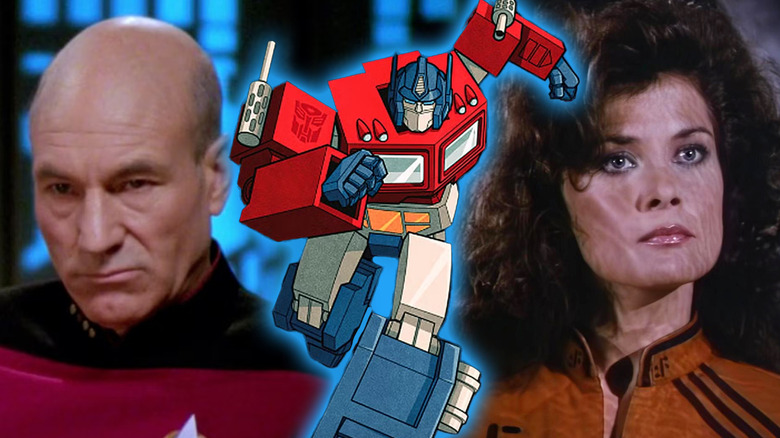 Optimus Prime in The Transformers surrounded by shots from Star Trek: The Next Generation and V