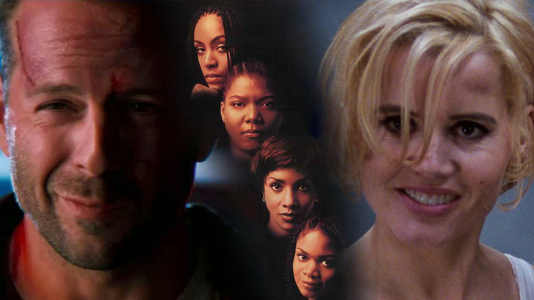 Bruce Willis as Joe Hallenback in The Last Boy Scout and Geena Davis as Charly Baltimore / Samantha Caine in The Long Kiss Goodnight, separated in the middle by Jada Pinkett Smith as Stony, Queen Latifah as Cleo, Vivica A. Fox as Frankie, and Kimberly Elise as T.T. in Set it Off.