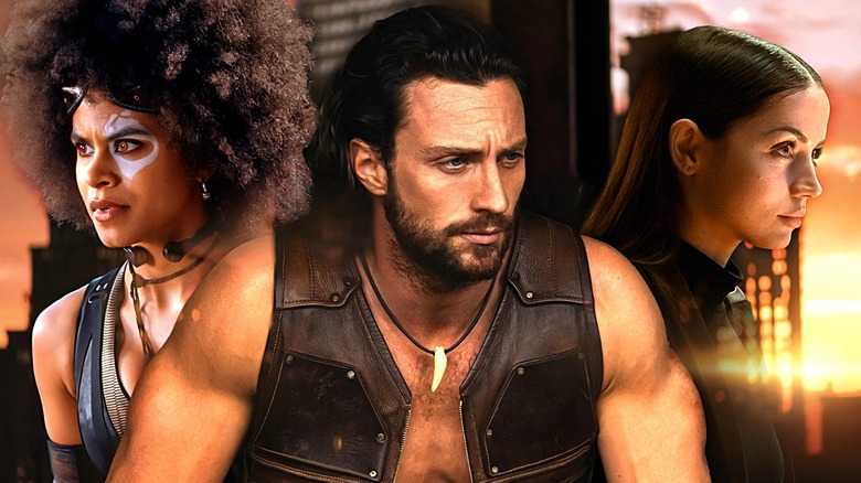 Composite image of Zazie Beetz's Domino from Deadpool 2, Aaron Taylor-Johnson's Sergei Kravinoff from Kraven the Hunter, and Ana de Armas's Eve Macarro from Ballerina