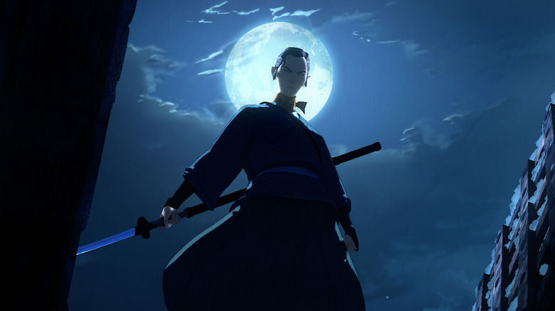 Mizu wields a long blade against the moonlight in Blue Eye Samurai