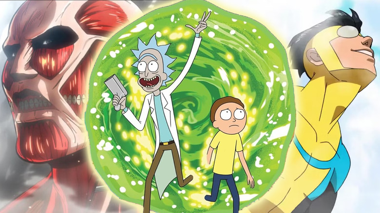 Images from Attack on Titan, Rick and Morty, and Invincible