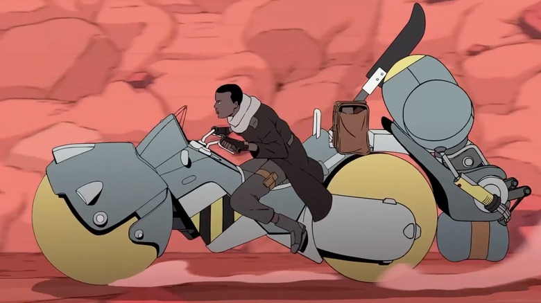Aziz on a futuristic motobike in Scavengers Reign