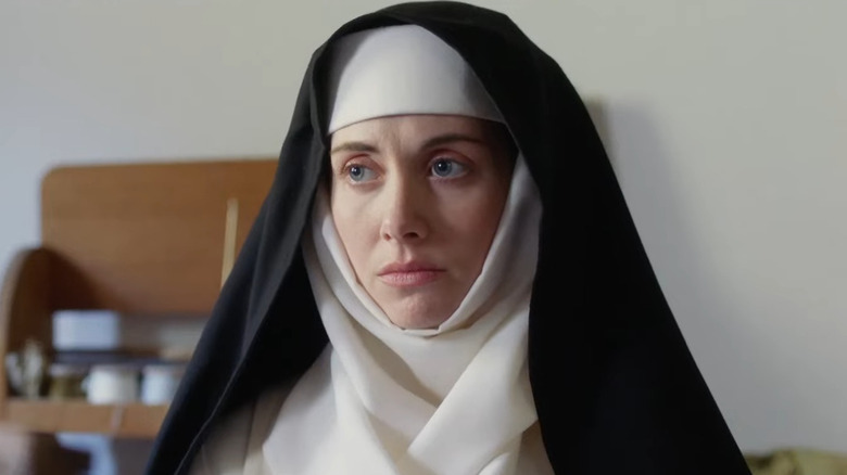 Alison Brie as Sister Alessandra, wearing her habit in church in The Little Hours