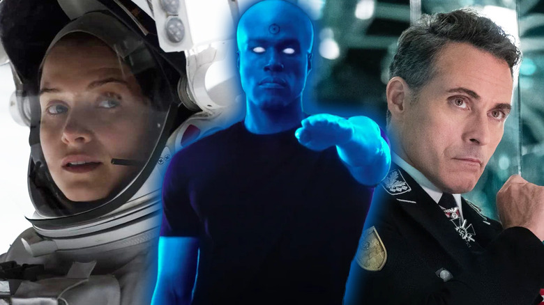 Yahya Abdul Mateen II as Doctor Manhattan in Watchmen (2019) surrounded by shots from All Man Kind and Man in the High Castle