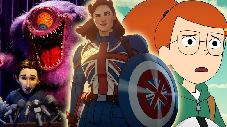 Captain Carter in Marvel's What If...? surrounded by shots from The Shivering Truth and Infinity Train in a composite image