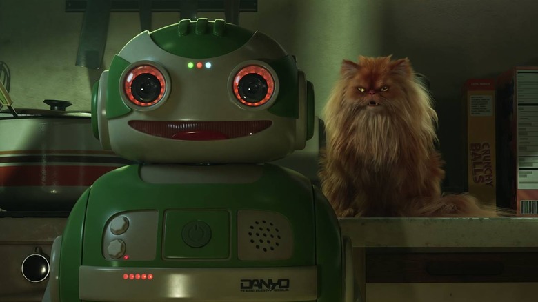 Robot smiling next to a grumpy cat on Love, Death + Robots