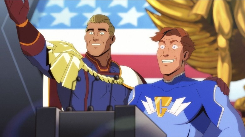 Homelander (Antony Starr) posing with Great Wide Wonder (Michael Cera) on The Boys Presents: Diabolical