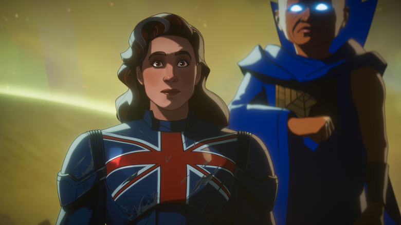 The Watcher (Jeffrey Wright) looking over Captain Carter (Hayley Atwell) on What If...?
