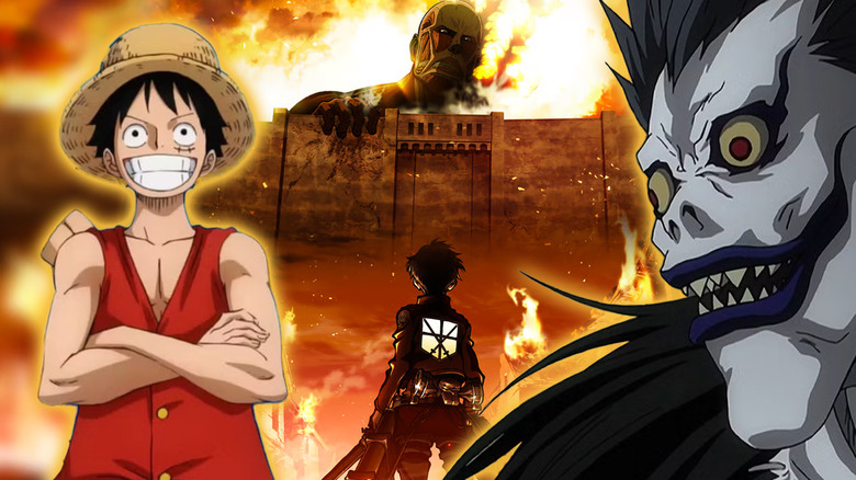Luffy from One Piece, a Titan from Attack on Titan, and Ryuk from Death Note