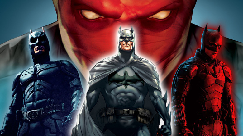 Christian Bale as Batman in The Dark Knight, Batman in Batman: The Dark Knight Returns, and Robert Pattinson as Batman in The Batman, in front of Red Hood in a composite image