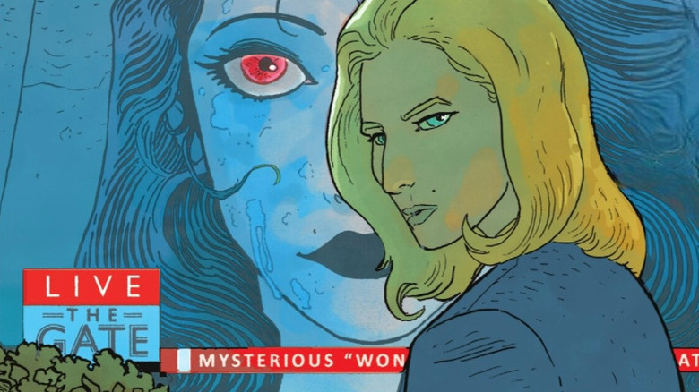 Absolute Veronica Cale looks over her shoulder in front of an image of Absolute Wonder Woman