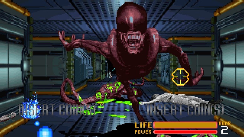 A xenomorph lunges at the player in a corridor in Alien 3: The Gun
