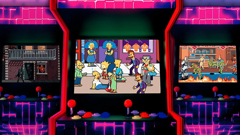 A collage of arcade cabinets featuring shots from the Batman (1989), The Simpsons, and Teenage Mutant Ninja Turtles (1989) arcade game