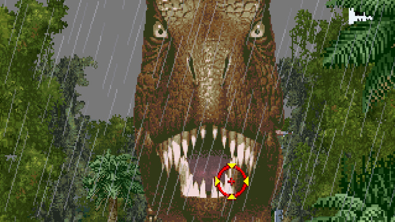 A T-rex emerges from the jungle in rain as the player aims at it in Jurassic Park (1994)