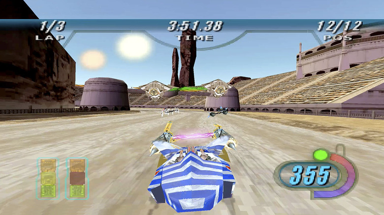 Anakin Skywalker prepares to finish a lap in his podracer in Star Wars Episode I: Racer