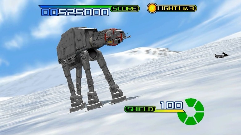 The player aims at the head of an AT-AT on Hoth in Star Wars Trilogy Arcade (1998)