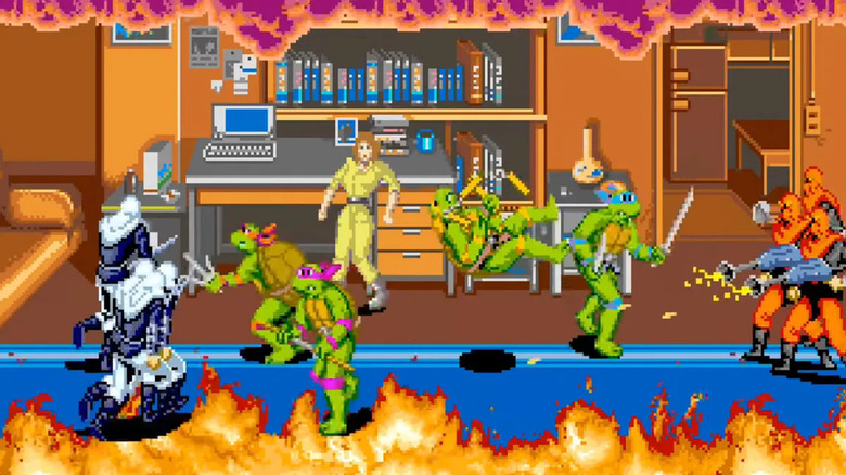 The Teenage Mutant Ninja Turtles fight a group of Foot Soldiers in a burning room as April O'Neil watches in Teenage Mutant Ninja Turtles (1989)