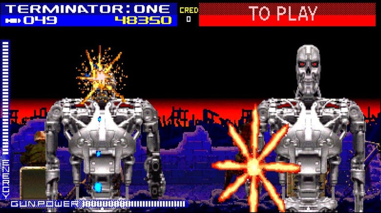The player blasts two advancing metal endoskeleton robots in Terminator 2: Judgement Day