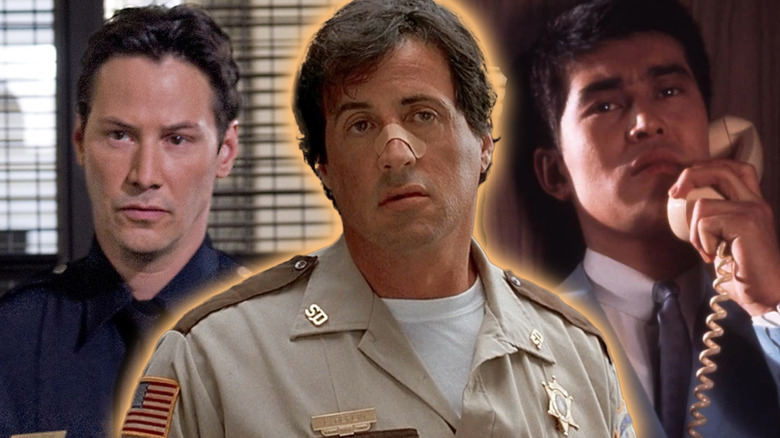 An unimpressed Freddy Heflin (Sylvester Stallone) in Cop Land surrounded by shots from Street Kings and Tokyo Drifter in a composite image