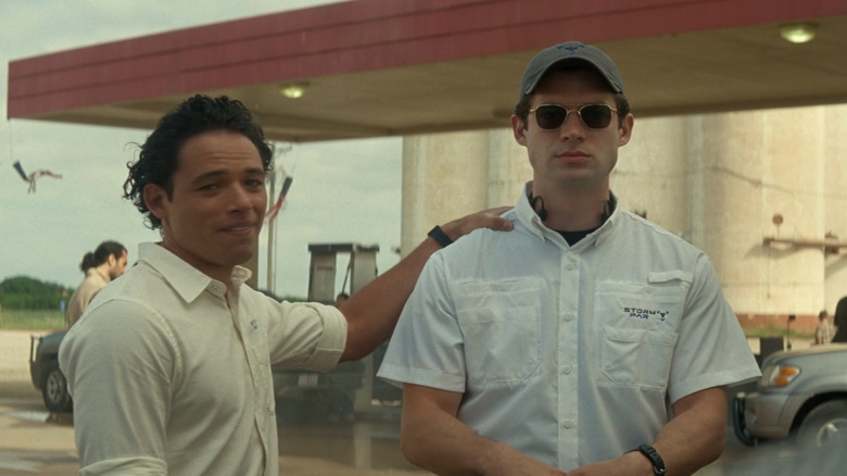 Stone-faced Scott (David Corenswet) with Javi (Anthony Ramos) in Twisters