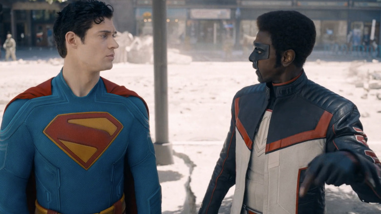 Mister Terrific (Edi Gathegi) argues with Superman (David Corenswet) in Superman (2025)